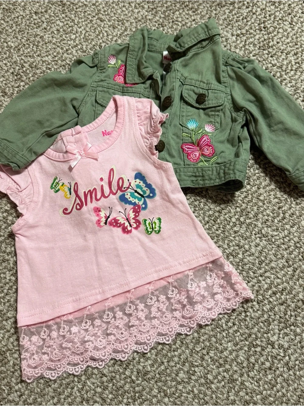 Nannette Kids Baby Girl 2pc Set Jacket Top Butterfly Smile Pink Green 12 Months